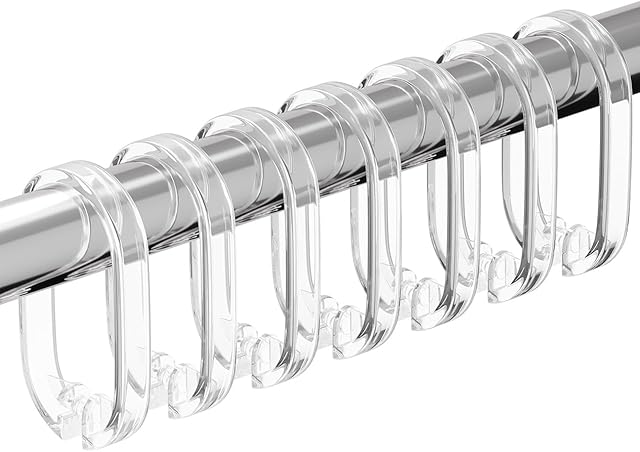 24 PCS Clear Shower Curtain Hooks with Fixed Locking Clips - Oval Anti-Slip Bath Rings, Durable Plastic Resin, Invisible Design,Rust Resistant Decorative Hooks for Bathroom,Kitchen,Bedroom