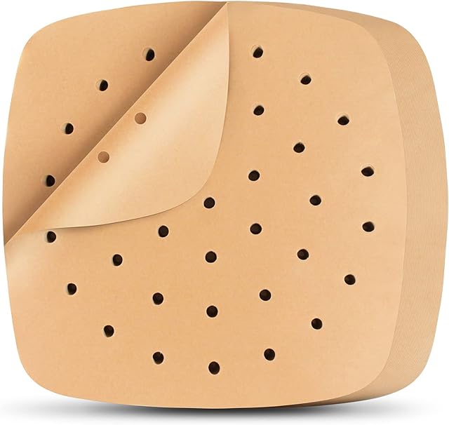 Air Fryer Liners, 200Pcs Square, 8.5 Inch Perforated Parchment Paper Sheets for Baking, HOFHTD Parchment Paper for Air Fryer and Bamboo Steaming Basket (Unbleached)