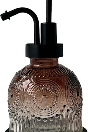 Vintage Glass Soap Dispenser for Bathroom and Kitchen - Farmhouse Antique Style, Cute Small Liquid Hand Soap Pump, Rustic Decorative (Brown)