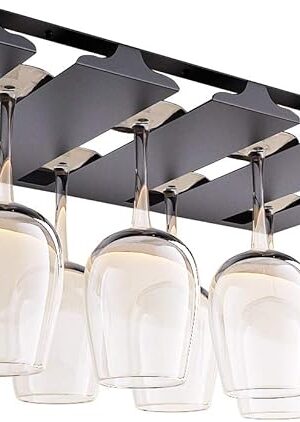 Wine Glass Holder Under Shelf or Cabinet, Stainless Steel 16.5 Inch Stemware Rack, Glassware Drying Hanger, Metal Hanging Organizer for Bar Restaurant, Matte Black, 4 Row