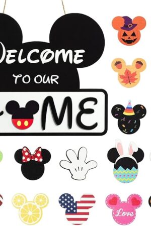 Cute Mouse Interchangeable Seasonal Welcome Door Sign for Front Door Decor, Interchangeable Welcome to Our Home Sign for Farmhouse Wall Porch Decor, Housewarming Gift