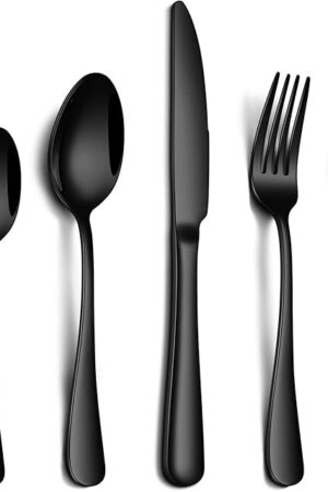 20 Piece Black Silverware Set, Stainless Steel Flatware Set for 4 Food Grade Cutlery Utensil Set Include Knife Fork Spoon Mirror Polished Dishwasher Safe