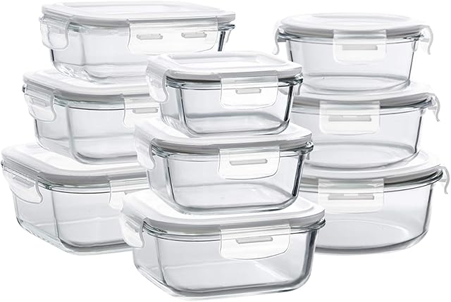 BAYCO Glass Storage Containers with Lids, 9 Sets, Meal Prep Airtight Food Storage Containers for Food Storage with Lids - BPA-Free & Leak Proof