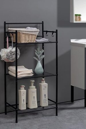 3-Shelf Tier Standing Unit Storage Wire Shelving Multipurpose Rack Organizer with 4-Hooks for Bathroom Laundry Kitchen Office, Black