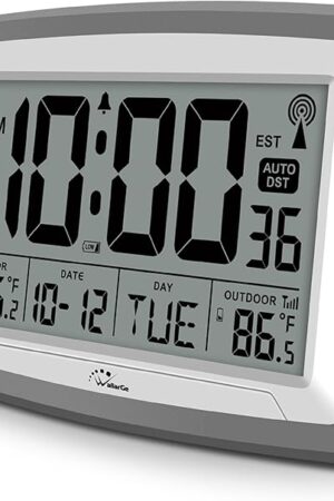 WallarGe Atomic Clock with Outdoor and Indoor Temperature - 12.5 Inch Self-Setting Digital Clock Large Display, Battery Operated Wall Clocks or Desk Clocks for Bedroom, Livingroom, Office