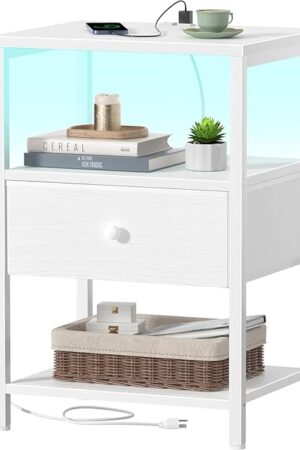 BOLUO White Nightstand with Charging Station, LED Night Stand with Fabric Drawers and Shelf, Bedside Table with USB Ports and Outlets, Bedroom Nightstand Modern