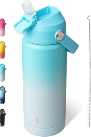 BJPKPK Insulated Water Bottle with Straw Lid, 18oz Thermos Water Bottles with Soft Nozzle, Flex Handle & Non-slip Boot, BPA Free Leak Proof Stainless Steel Metal Thermos, Tumblers, Cups,Sea Salt