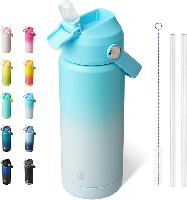 BJPKPK Insulated Water Bottle with Straw Lid, 18oz Thermos Water Bottles with Soft Nozzle, Flex Handle & Non-slip Boot, BPA Free Leak Proof Stainless Steel Metal Thermos, Tumblers, Cups,Sea Salt