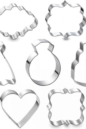 Wedding Cookie Cutter Set-7 Piece-3 Inches-Heart, Diamond Ring, Wedding Cake,Wedding Dress, Rectangle, Square and Oval Plaque Cookie Cutters Molds for Bridal Shower Engagement