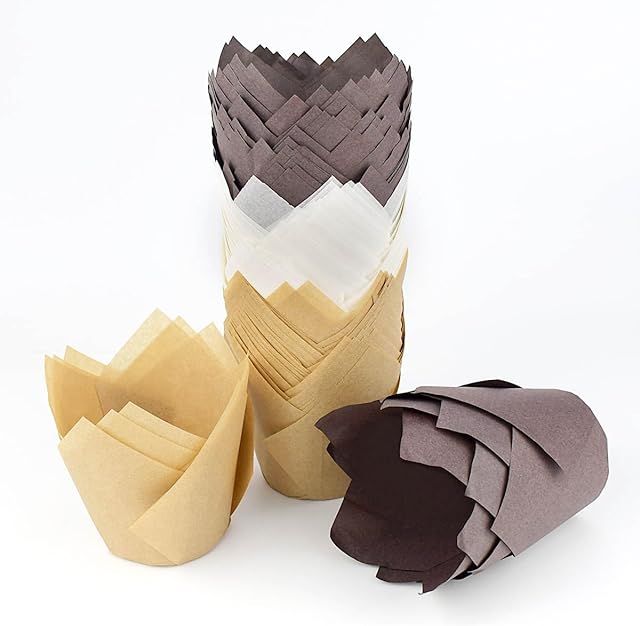 120 Tulip Cupcake Liners - Baking Cups for Muffins and Cupcakes - Wedding, Birthday, and Christmas Parties - Greaseproof, Parchment Paper Wrappers (White, Brown)