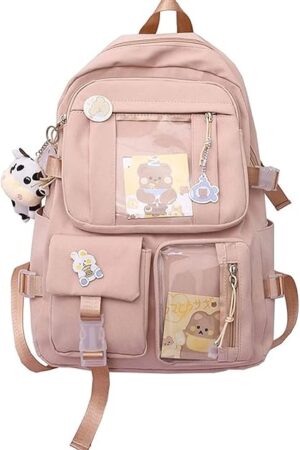 Cute Backpack with Cute Pin Accessories Plush Pendant for School Bag Student Girl Backpack Super-Capacity Waterproof Travel Backpack(Pink-2)