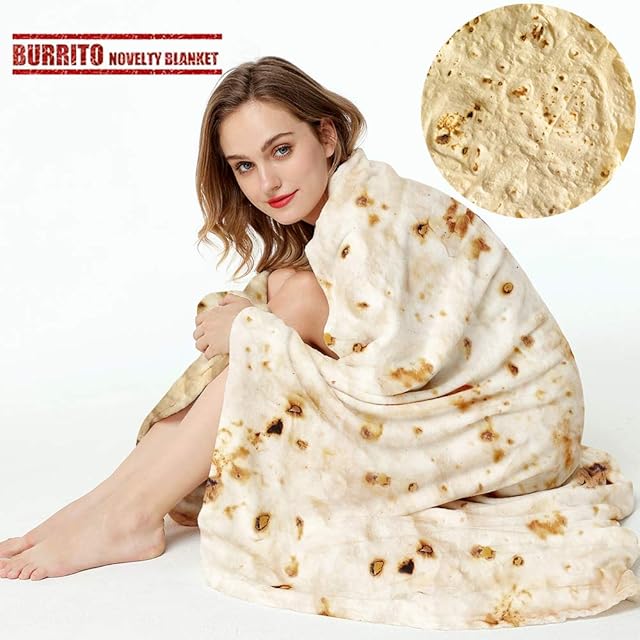 Burrito Tortilla Throw Blanket, 2.0 Double Sided Burritos Taco Tortilla Wrap Blankets,Giant Funny Realistic Flannel Food Round Blankets,Funny Gifts for Kids Newborn Toddler Dog Cat Baby Shower 47in
