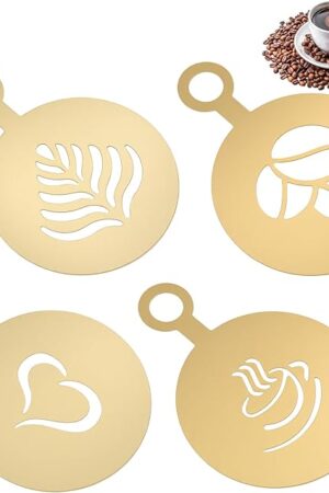 4 Pcs Stainless Coffee Stencils Latte Art,Latte Art Stencils,Lattes Stencilss with Various Patterns for Cappuccino Chocolate Lattes Cake Decorating Coffee Shop and Home Use,Gold