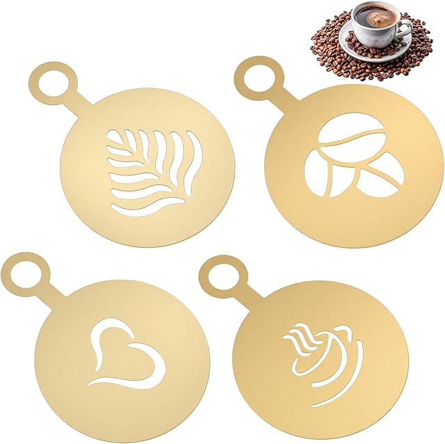 4 Pcs Stainless Coffee Stencils Latte Art,Latte Art Stencils,Lattes Stencilss with Various Patterns for Cappuccino Chocolate Lattes Cake Decorating Coffee Shop and Home Use,Gold