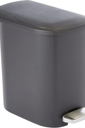 Amazon Basics Compact Plastic Bathroom Trash Can with Hands Free Foot Pedal, Quiet Close Step-On, 6 Liters, Black, Lid Included