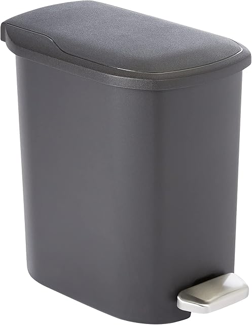 Amazon Basics Compact Plastic Bathroom Trash Can with Hands Free Foot Pedal, Quiet Close Step-On, 6 Liters, Black, Lid Included