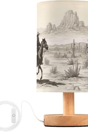Western Cowboy Bedside Table Lamp for Bedroom Nightstand, Small Eye Care LED Desk Reading Lamp USB Port Wood Base Round Flaxen Fabric Shade for for Kids Room Living Room Office Desk