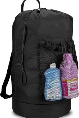 Dalykate Backpack Laundry Bag, Laundry Backpack with Shoulder Straps and Mesh Pocket Durable Nylon Clothes Hamper Bag with Drawstring Closure for College, Travel, Laundromat, Apartment