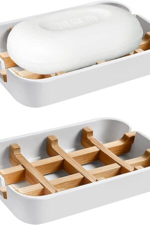 Aoheuo Modern Bamboo Fiber soap Holder and soap Dish Combination (Removable), White, 5.12 Long by 3 Wide, 0.98 inches high, Used in Kitchens, bathrooms, and bar Sinks