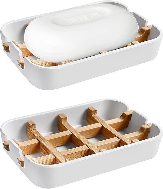 Aoheuo Modern Bamboo Fiber soap Holder and soap Dish Combination (Removable), White, 5.12 Long by 3 Wide, 0.98 inches high, Used in Kitchens, bathrooms, and bar Sinks