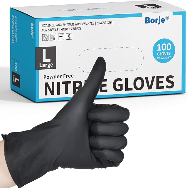 Borje Nitrile Gloves Large, 100 Count Disposable Gloves, Black, Latex-Free Powder-Free, Medical Exam, Food Safe, Cleaning, Cooking
