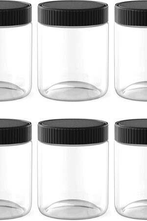 XINGLIAN 16 Oz Clear Plastic Jars with Black Lids Refillable Kitchen Storage Containers for Dry Food, Coffee, Nuts and More, 6 Pack