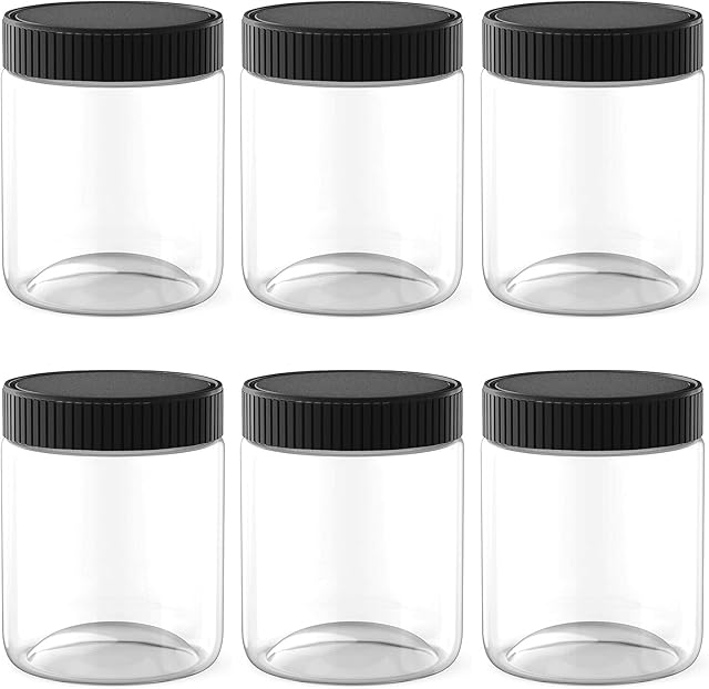 XINGLIAN 16 Oz Clear Plastic Jars with Black Lids Refillable Kitchen Storage Containers for Dry Food, Coffee, Nuts and More, 6 Pack
