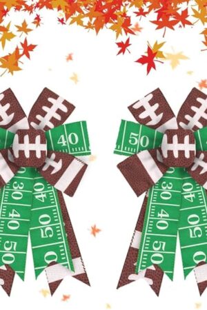 2 Pieces Football Bows for Wreath, American Football Wreath Bows Brown Green Burlap Bow Rugby Craft Bow Sports Farmhouse Tree Bows for Front Door Football Game Decorations