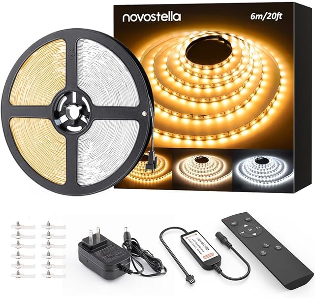 NOVOSTELLA 20ft Tunable White LED Strip Light Kit Dimmable 3000K-6500K 24V Tape Light with RF Remote Flexible Rope LED Ribbon for Bedroom Home Lighting Mirror Kitchen Bar Cabinet Daylight Warm White