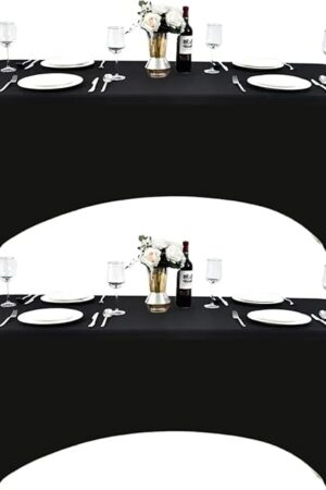 2-Pack 6ft Black Spandex Table Covers for Rectangle Standard Folding Tables - Wrinkle Resistant Stretch Tablecloths - Ultimate Fitted Table Protector for Parties, Trade Shows, Banquet