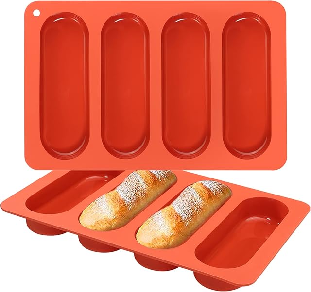 Webake Hot Dog Bun Pan, 2 Pack SIlicone Hotdog Bun Molds Nonstick Bread Forms Mini Baguette Sandwich Baking Tray for Hot Dog Bun Rolls Cake and Eclair