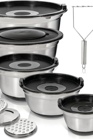 WHYSKO Stainless Steel Mixing Bowls with Lids Set - 5 Rustproof Metal Nesting Mixing Bowls for Kitchen, Meal Prep, Baking, Cooking, Storage - Includes 3 Grater Attachments, Dishwasher Safe