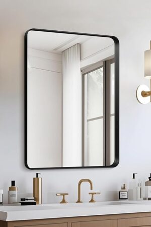 20x16 Bathroom Vanity Mirror for Wall, Aluminum Framed, Farmhouse Rectangle, Anti-Rust, HD Reflection Anti-Desilvering, Distortion Free, Tempered and Shatter-Proof Wall Mounted Mirror, Black