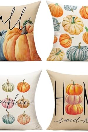 All Smiles Fall Outdoor Throw Pillow Covers 18x18 Set of 4 Colorful Pumpkin Décor Autumn Thanksgiving Halloween Orange Decorative Cushion Cases Home Decorations for Couch Sofa Living Room Farmhouse