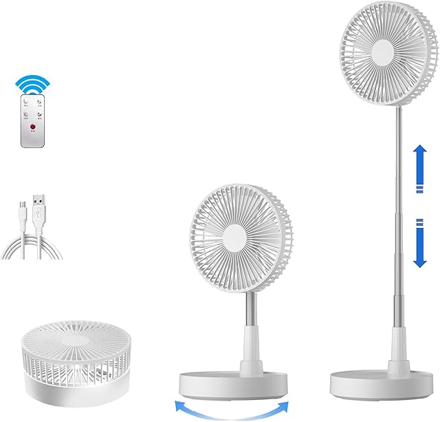 9" Foldable Rechargeable Oscillating Fan 7200mAh Battery Operated Small Fan with Remote, Quiet Table Standing Pedestal Fans for Bedroom Office Camping Travel (White)