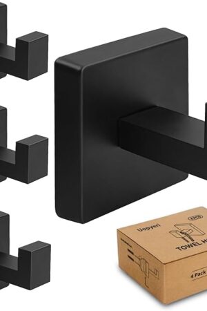 4 Pack Matte Black Towel Hooks - Heavy Duty Stainless Steel Wall Hooks for Bathroom, Kitchen, Bedroom & Closet - Modern Square Design Robe & Towel Holder for Coats, Bags, Hats & More