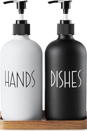 ALELION Glass Dish Soap Dispenser for Kitchen - 16 OZ Hand Soap Dispenser Set with Pump and Acacia Wood Tray - Black White Modern Farmhouse Kitchen Bathroom Decor and Accessories