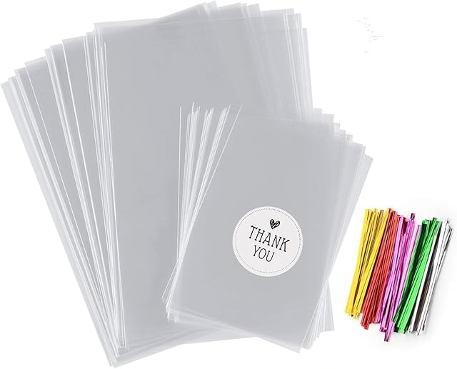 200Pcs Candy Treat Bags 4" x 6" Clear Cellophane Bag& 2.8'' x 4'' Small Treat Bags with Ties, Thickening Plastic Party Favor Bags for Lollipop Cookie Chocolate Wrapping