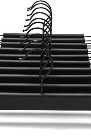 10 Pack Clothes Pants Hangers, Space-Saving Skirt Holders with 360 ° Swivel Hooks, Adjustable Clips, Trouser Coat Garment Jeans Black
