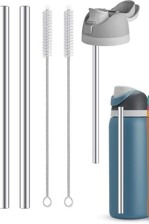 4Pcs Replacement Stainless Steel Straws Compatible with Owala Water Bottle 24oz 32oz Reusable Straws with 2 Cleaning Brushes Metal Straw Replacement Compatible with Owala Freesip (21cm for 24-32oz)