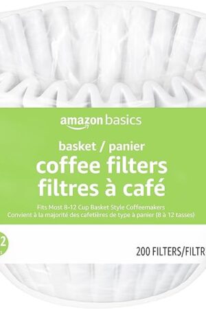 Amazon Basics Basket Coffee Filters for 8-12 Cup Coffee Makers, White, 200 Count