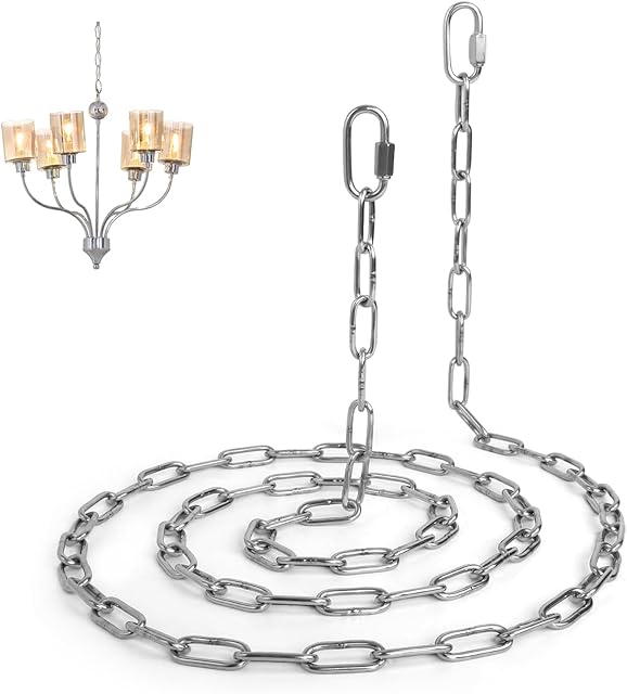 6 Feet Chain for Chandelier Silver, 120 Pounds Pendant Light Fixture Chain with Carabiners, 1/8 Inch Thick Adjustable Extra Chain for Lamp Ceiling Swag Lighting, Plant, Fruit Basket Decorative Hanging