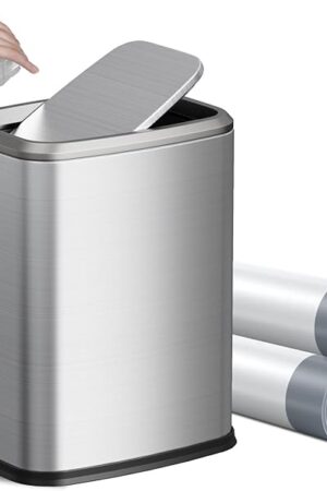 8L/2.1 Gal Small Bathroom Trash Can with Lid, Swing-Top Rectangular Waste Bin, Stainless Steel Garbage Can for Home, Office, Toilet, Bedroom, Living Room (Silver)