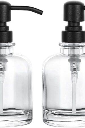 2 Pcs Thick Clear Glass Jar Hand Soap Dispenser Bathroom with Matte Black Stainless Steel Pump, 12ounce Clear Boston Round Bottle Dispenser with Rustproof Pump for Kitchen Dish