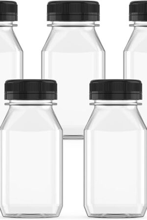 5 Pcs 8 Ounce Plastic Juice Bottle Drink Containers with Black Lids, Suitable for Juice, Smoothies, Milk and Homemade Beverages, 250 mL