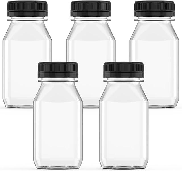 5 Pcs 8 Ounce Plastic Juice Bottle Drink Containers with Black Lids, Suitable for Juice, Smoothies, Milk and Homemade Beverages, 250 mL