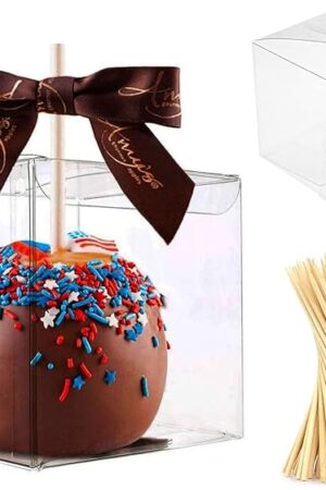 XP-ART 30 Pcs Candy Apple Boxes with Apple Sticks, Clear Caramel Apple Box Plastic Gift Cookie Makaron Cupcake Packaging for Treats, Party Favors, 4" L x 4" W x 4" H