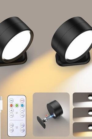Brightown LED Magnetic Wall Sconce Lights, 2 Pack USB Rechargeable Wall Mounted Lights with Remote, 3 Lighting Colors and Dimmable, 360° Rotation Cordless Wall Mount Lamp for Bedroom, Black