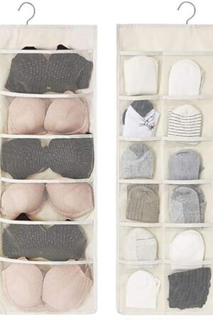 Closet Hanging Organizer with Mesh Pockets & Rotating Metal Hanger,Dual Sided Wall Shelf Wardrobe Storage Bags,Oxford Cloth Space Saver Bag for Bra Underwear Underpants Socks (white)