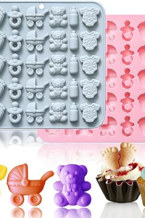 2 Pack Baby Shower Themed Silicone Mold 35 Cavity Little Feet Mold Utility Cart Bear Molds, Bite Size Silicone Chocolate Candy Gummy Molds for Kids’ Birthday Party Cake Decoration Cupcake Topper